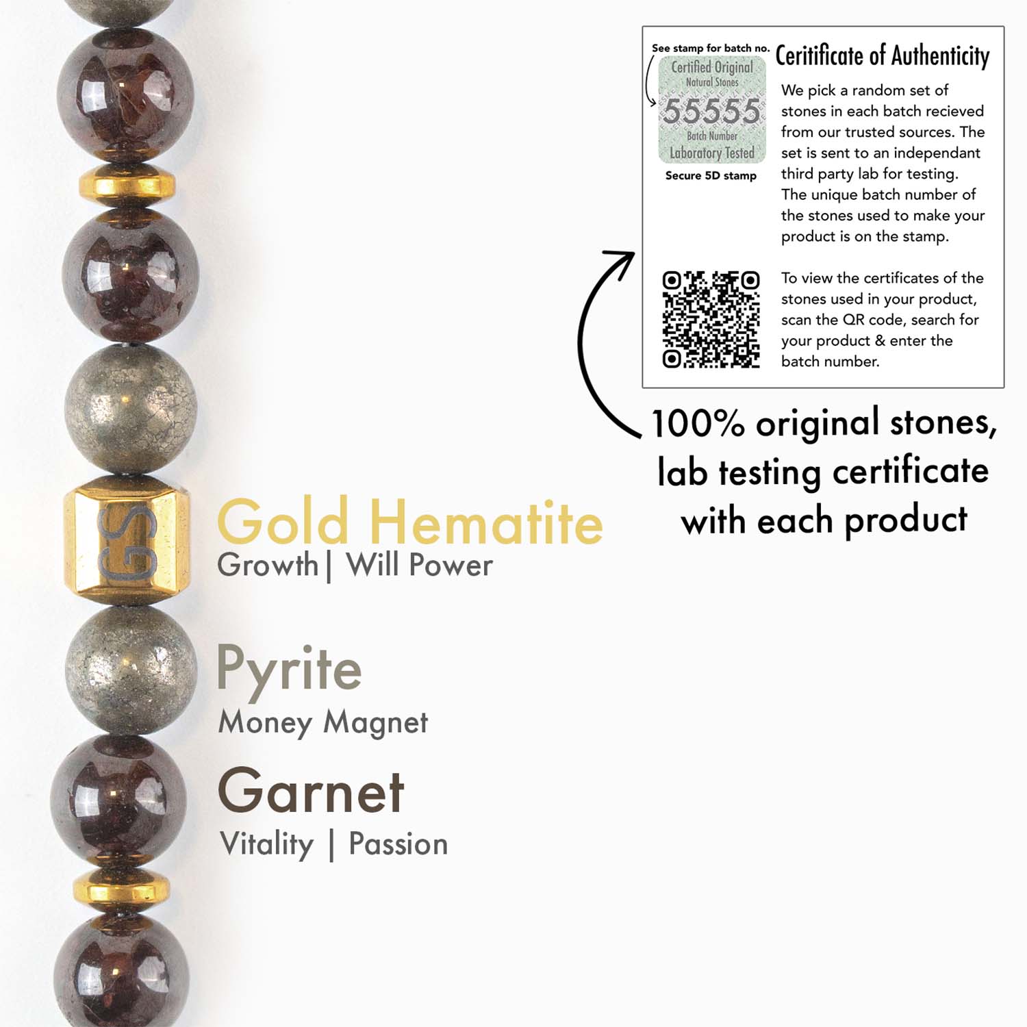 Non-Personalised Abundance Magnet Garnet & Pyrite Natural Stone Elastic Bracelet