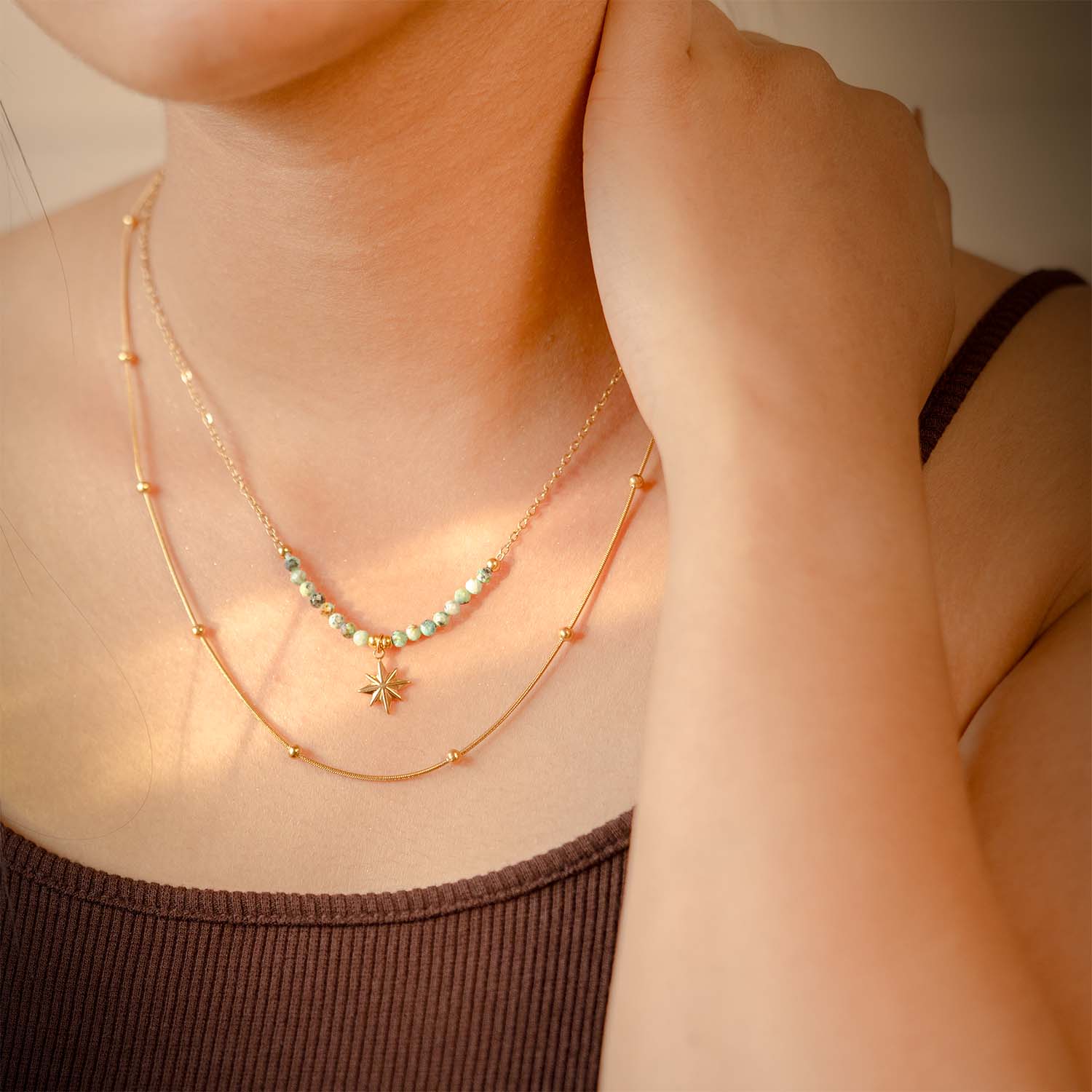 Astra Multi-Layer Gold Star Necklace with African Turquoise Beads