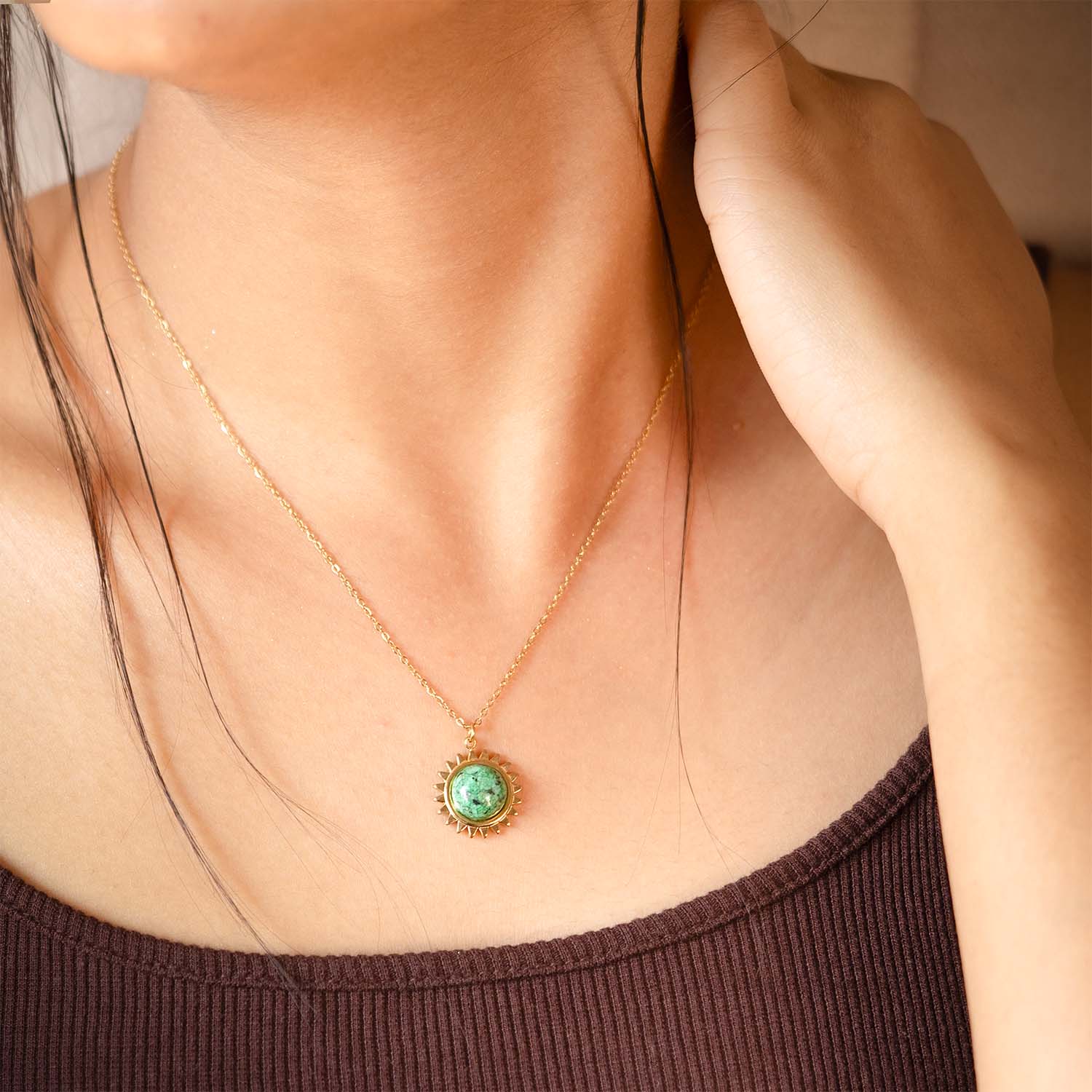 Dahlia Seafoam Gold Charm Necklace With Emerald Stone