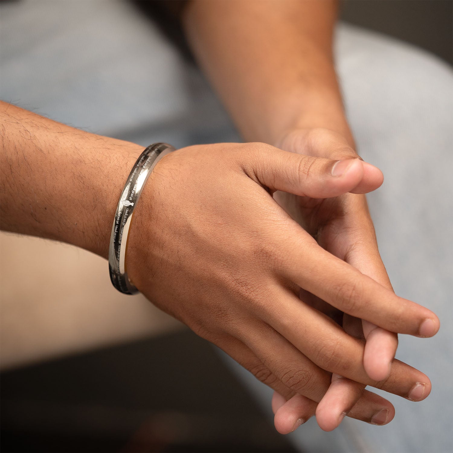 Hare Rama Hare Krishna MicroCarved Round Curved Kada Silver