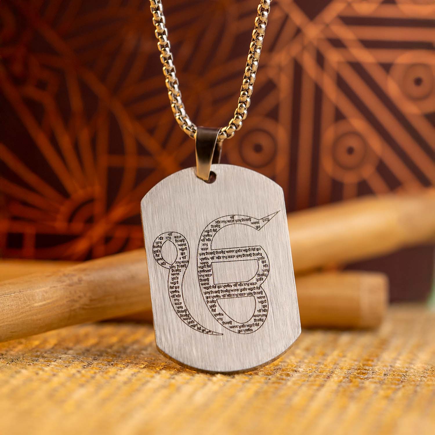 Ik Onkar MicroCarved Tag Necklace Silver