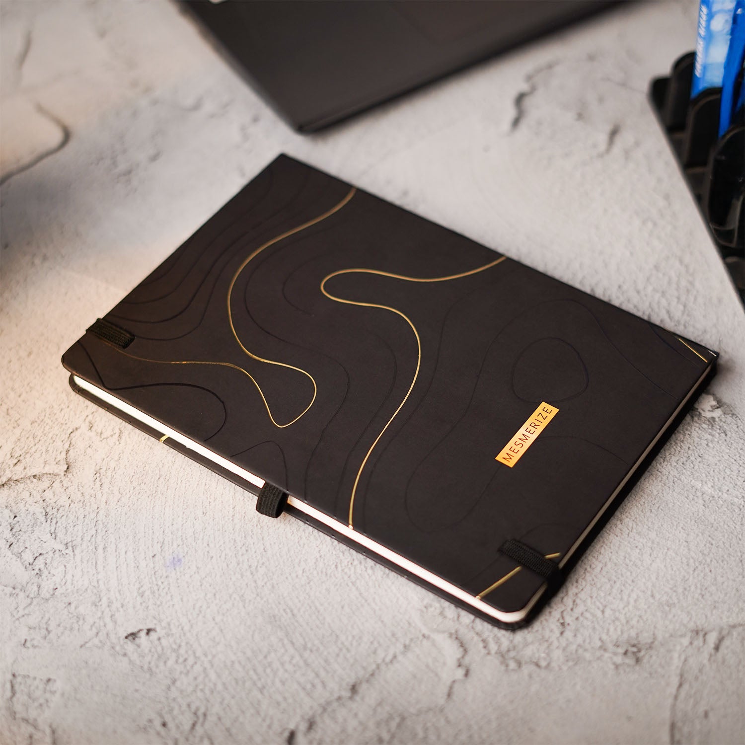 Matte Black Notebook with Ultra Matte Blue Pyrite 2 in 1 MagSnap Roller Ball Pen with Stylus Personalised