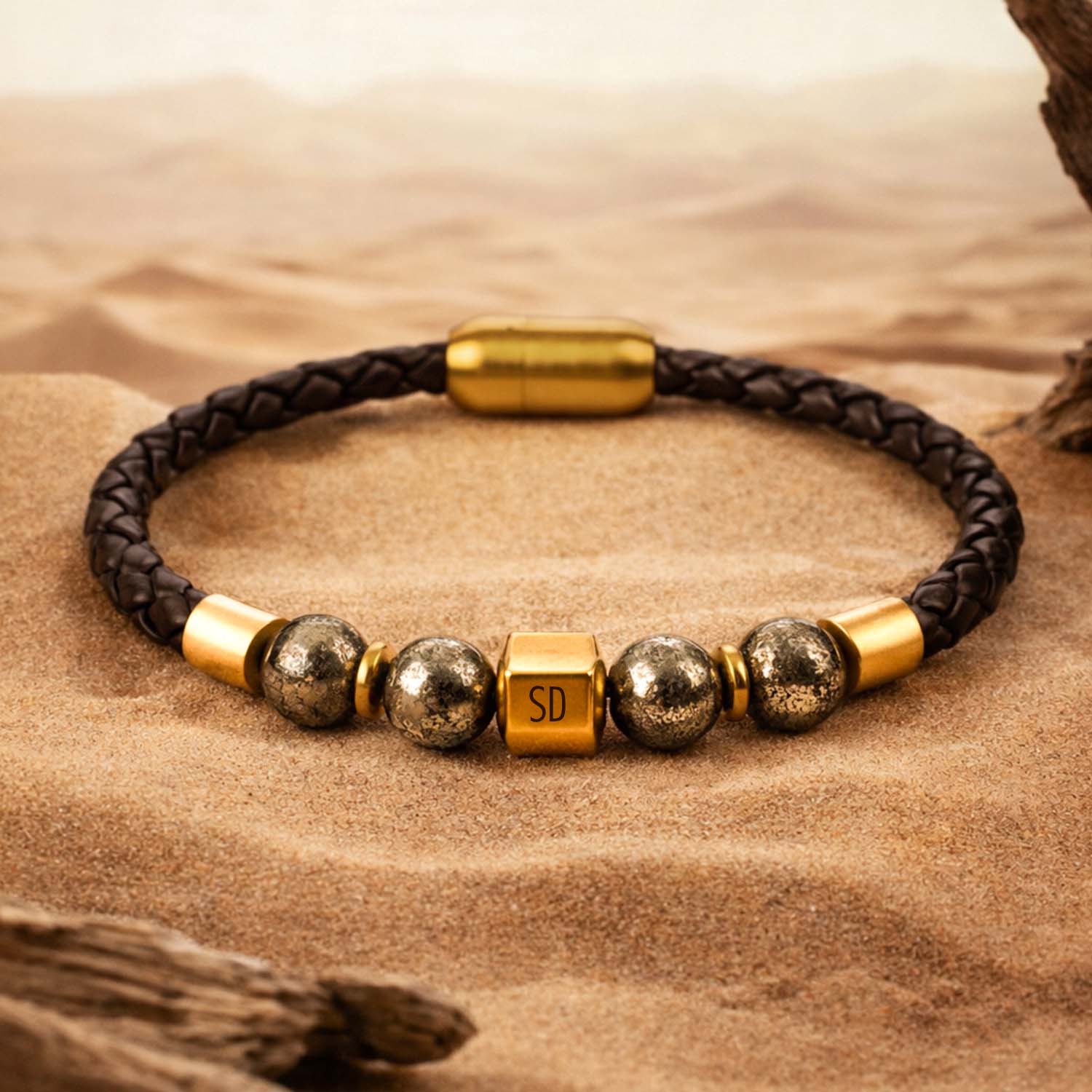 Personalised Pyrite Natural Stone NeoLeather Bracelet With MagSnap2