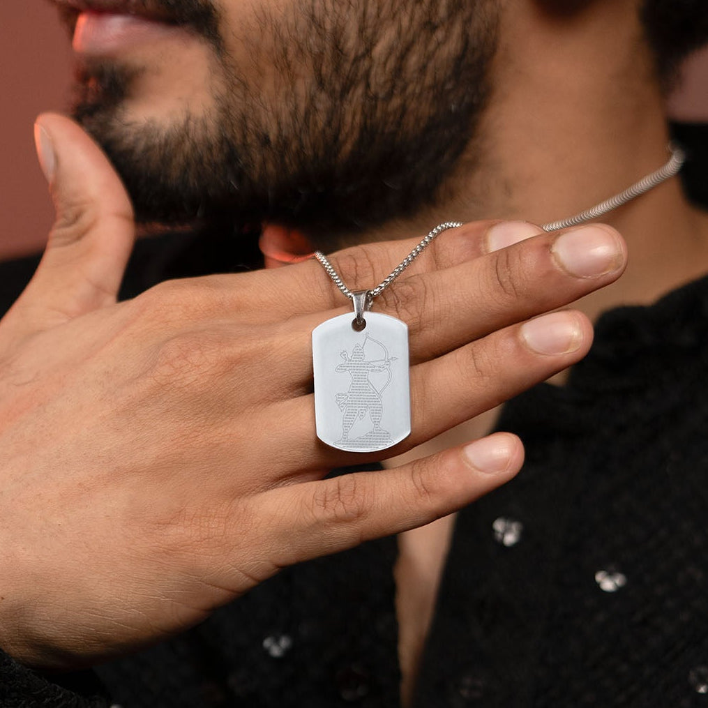 Ram MicroCarved Inlay Tag Necklace Silver