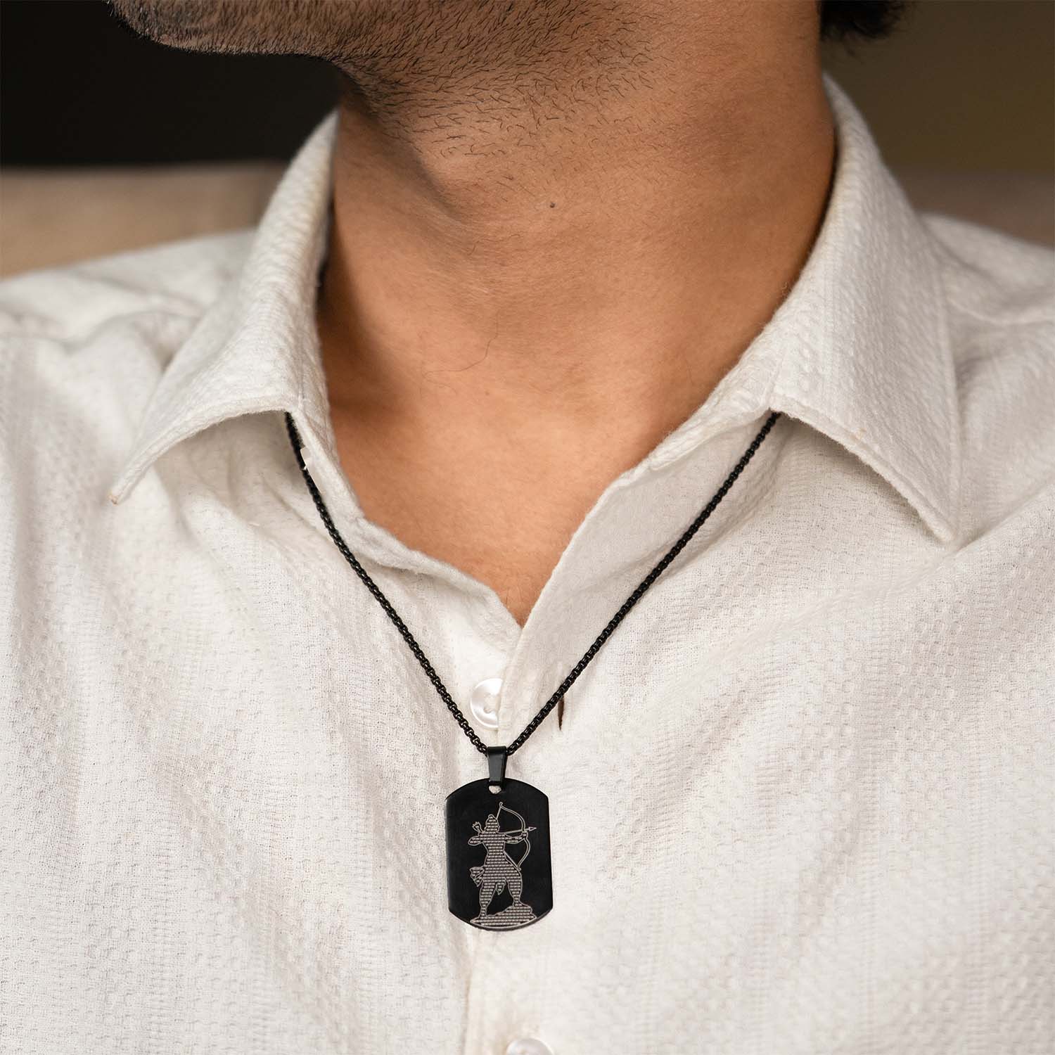 Ram MicroCarved Inlay Tag Necklace Black