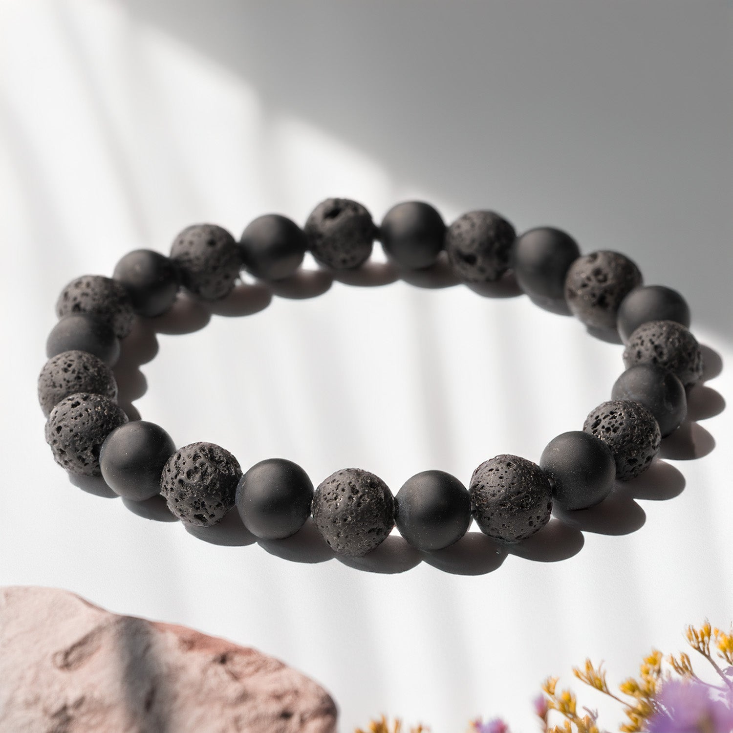 Natural Stone Jewellery Stealth Matte Black Onyx and Lava Natural Stone Elastic Bracelet