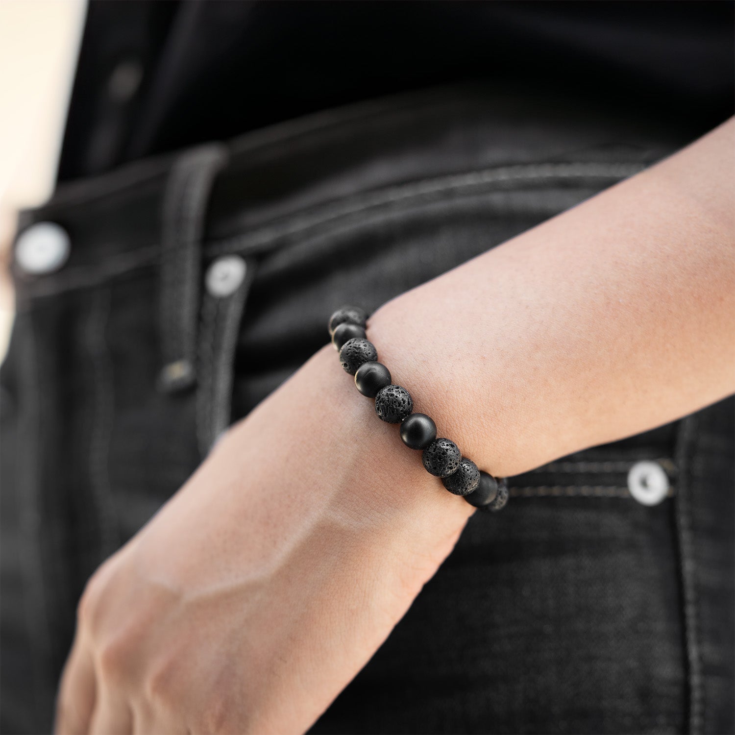 Natural Stone Jewellery Stealth Matte Black Onyx and Lava Natural Stone Elastic Bracelet
