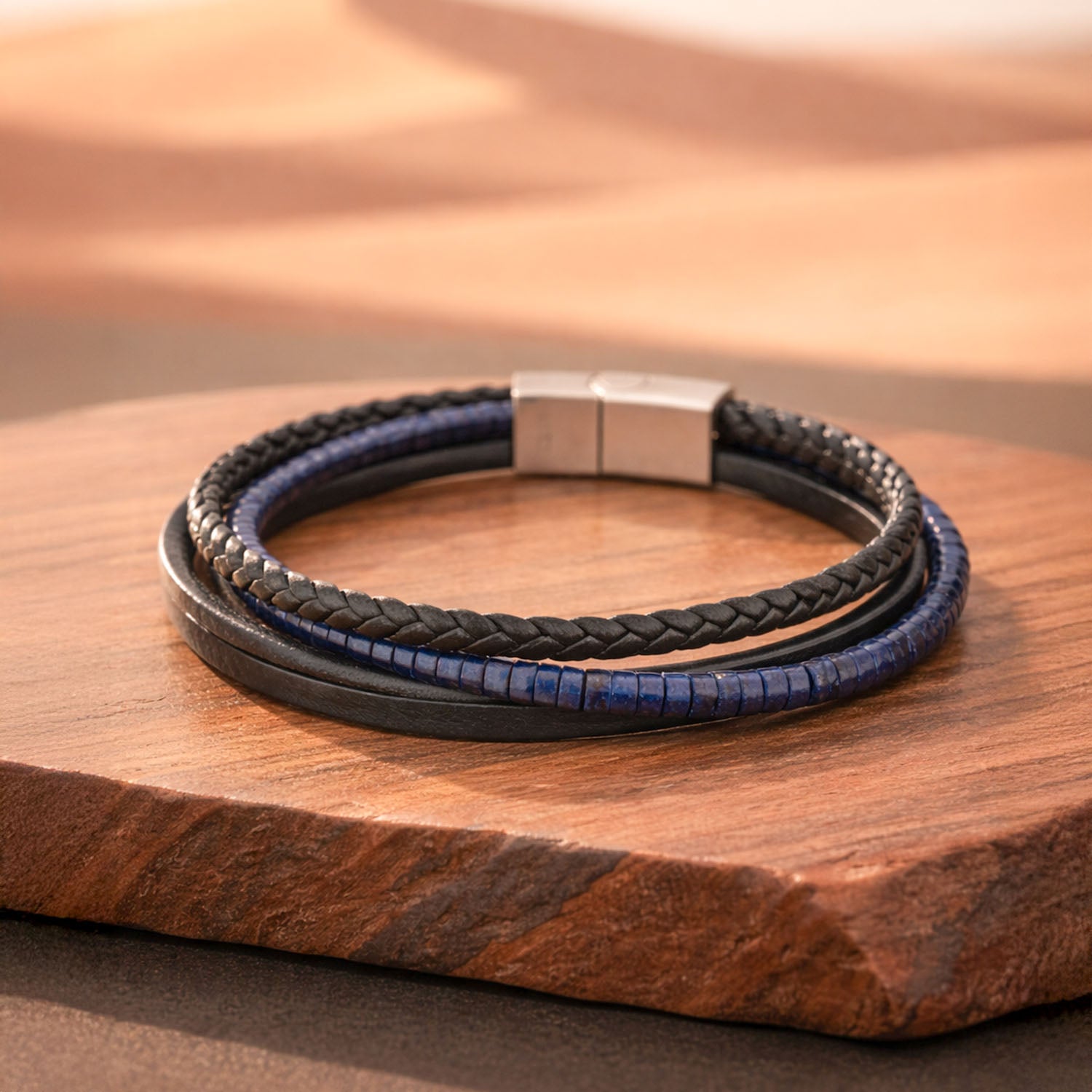 Wisdom Lapis Natural Stone Disc NeoLeather Bracelet With MagSlide