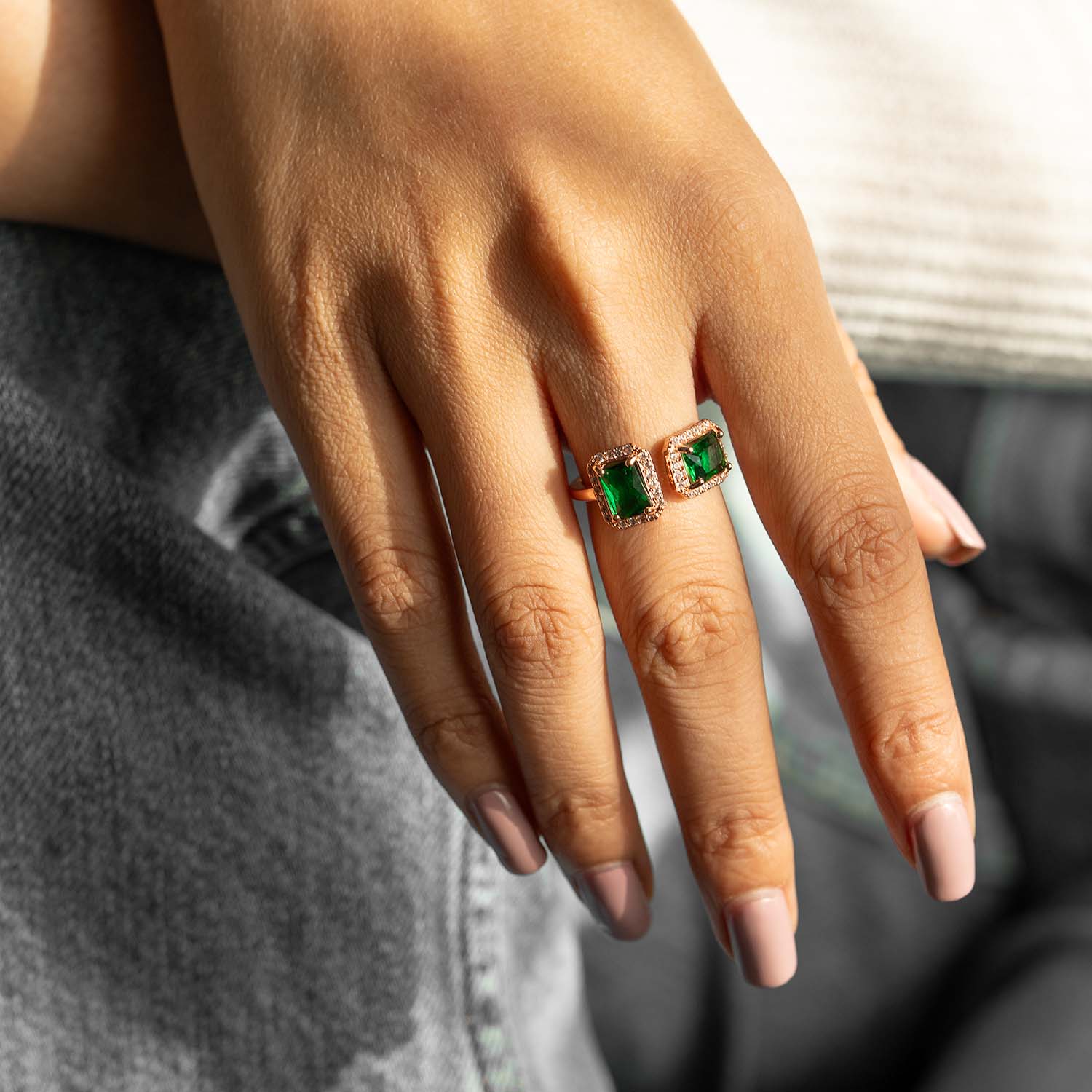 Double Emerald Stone Adjustable Ring