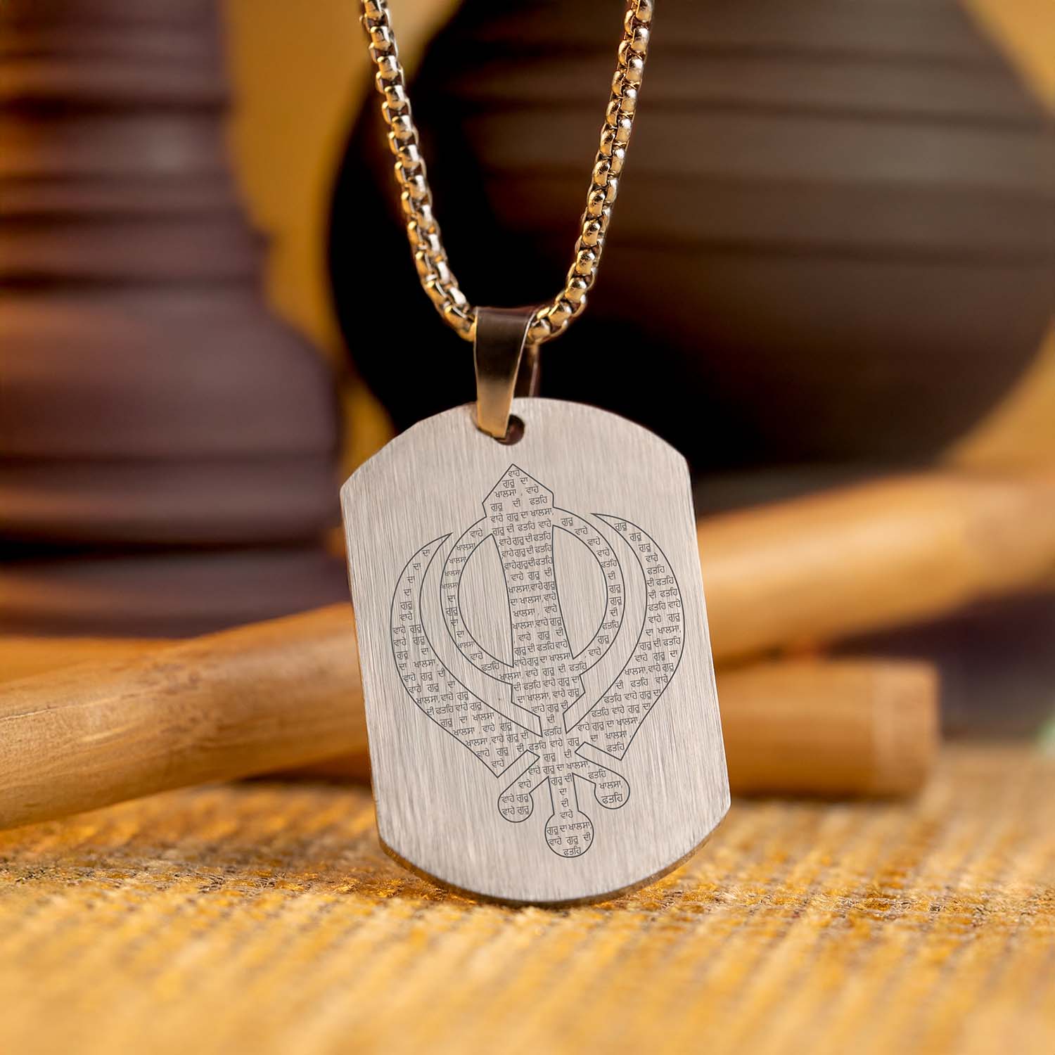 Khanda MicroCarved Tag Necklace Silver