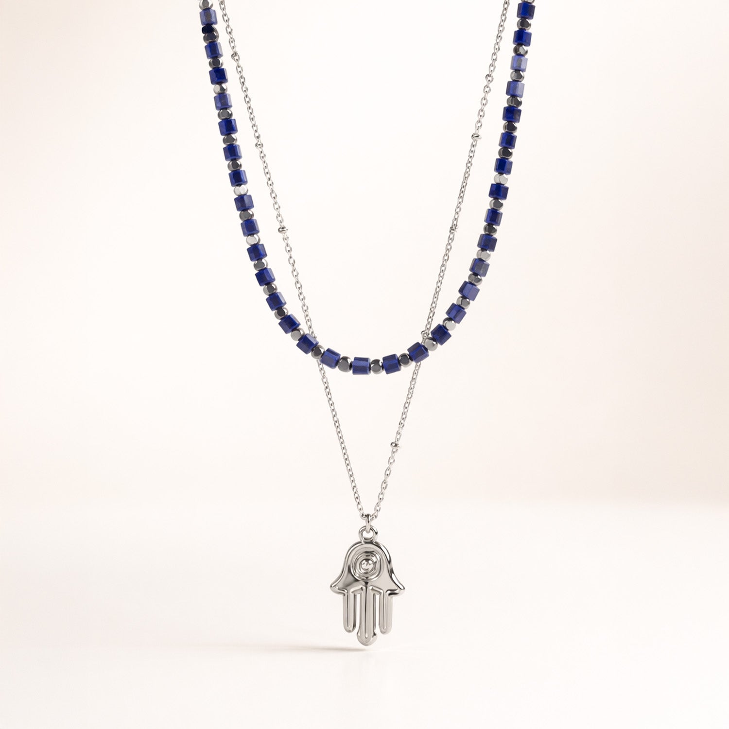 Zaria Layered Silver Necklace with Lapis Lazuli Beads