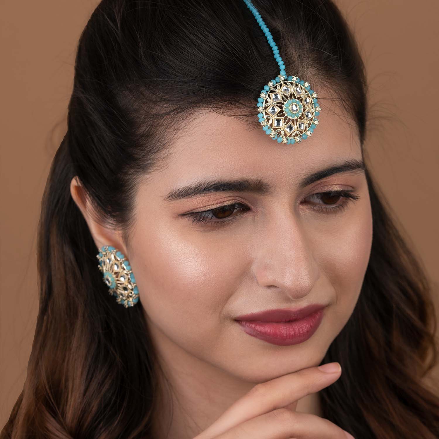 Sky Blue Kiara Kundan Earrings Maang tikka Combo